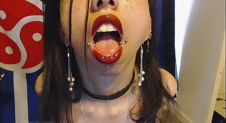 Goth with Red Lip liner Drools a Whole Lot and Blows Spit Bubbles at You - Spit and Saliva and Lip liner Fetish